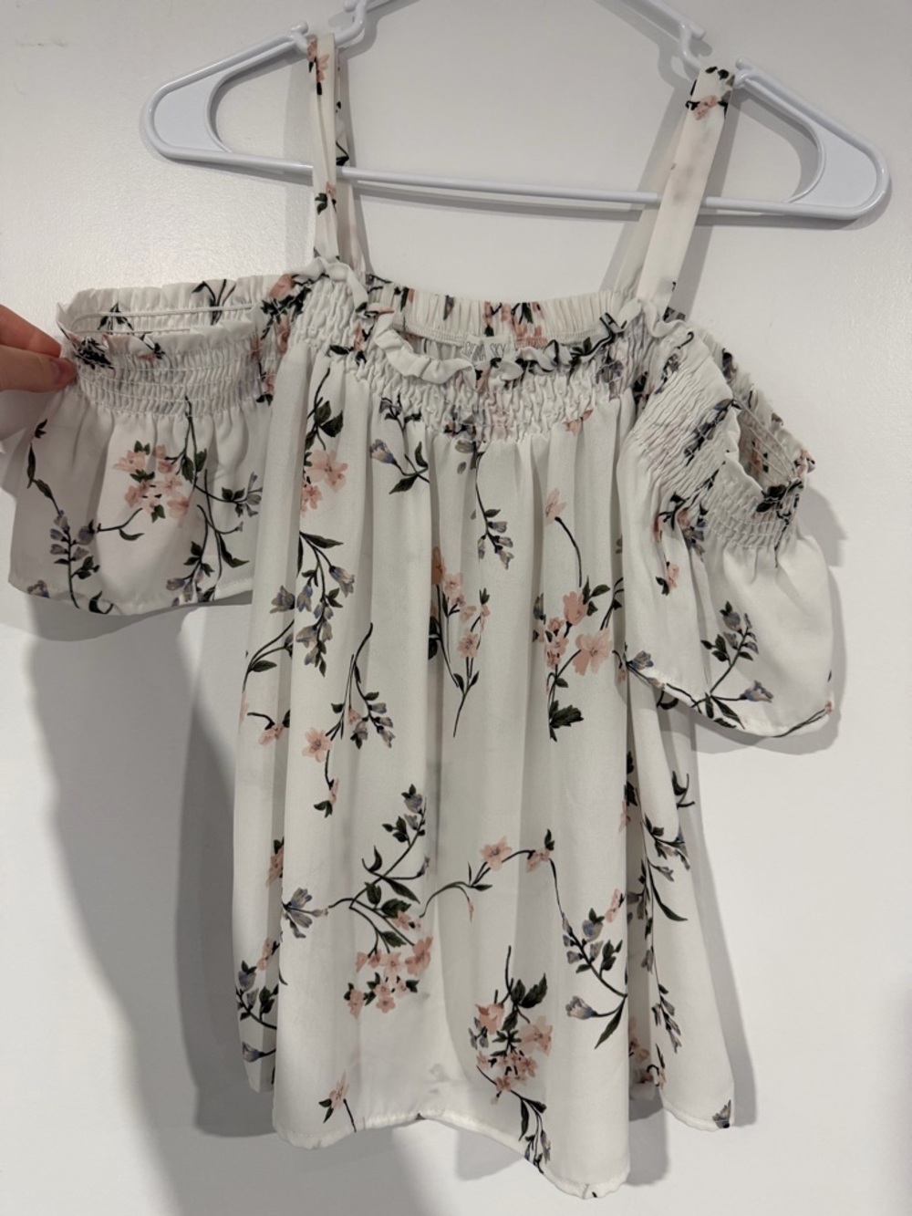 Sienna Sky White Off-Shoulder Floral Blouse with Pink Blossoms